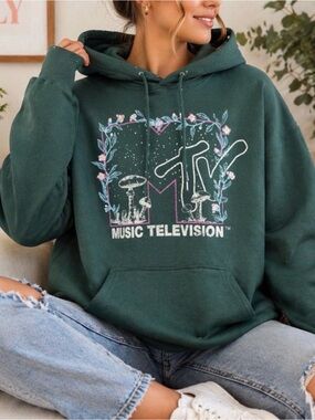 MTV Floral Logo Hoodie Green Pullover Relaxed Fit Women’s Sweatshirt Graphic L